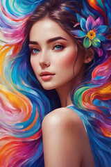 Fototapeta premium Portrait of beautiful young woman with bright make-up and colorful flowers