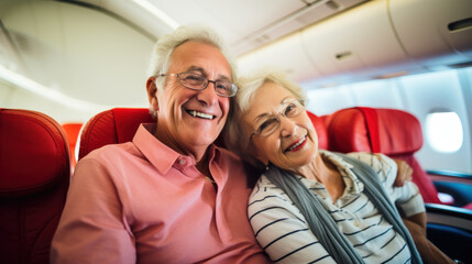 Joyous retired couple embarking on an airplane journey, relishing their golden years of adventure