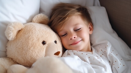 Serene 4-year-old boy sleeping soundly, embracing his cherished teddy bear