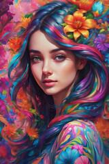 Portrait of beautiful young woman with bright make-up and colorful flowers