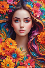 Portrait of beautiful young woman with bright make-up and colorful flowers