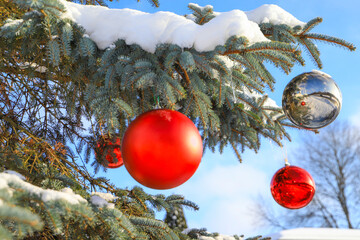 Christmas balls on a snowy fir tree in Freien, Germany
