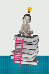 Creative vertical image little schoolboy primary sitting huge head pile books ladder eureka...