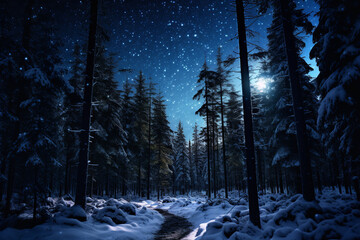 A serene pine forest stands silently, its boughs heavily laden with snow, bathed in the gentle glow of a moonlit night