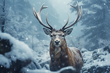 A deer stands out against the surrounding white, emerging serenely amidst the swirling snowstorm