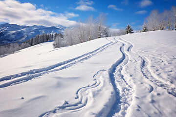 Fototapeta na wymiar Crisp ski tracks carve their mark on a snowy slope, telling tales of adrenaline-filled descents and winter joy