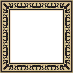 Vector golden with black Square Kazakh national ornament. Ethnic pattern of the peoples of the Great Steppe, Mongols, Kyrgyz, Kalmyks, Buryats. Square frame border..