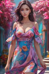 Portrait of beautiful young woman with bright make-up and colorful flowers