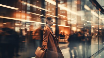 Sale background. Black Friday. A happy shopper woman walks through the mall. Blurred background. ai design