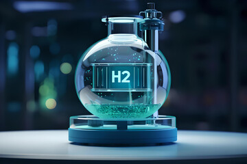 H2 hydrogen innovation zero emissions technology.Globe Glass with H2 icons. Reduce carbon dioxide and greenhouse gases production fuel station. renewable fuel green energy.
