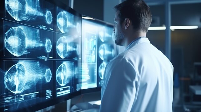 In a medical laboratory, a doctor oversees the procedure and monitors brain activity during a CT scan. Design ai