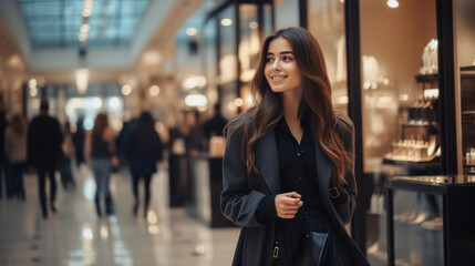 Fototapeta premium Happy young woman in an elegant clothes coat on sale in the mall