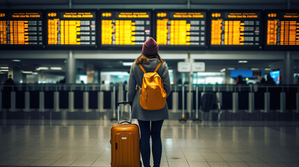 A young woman at an international airport looks at the flight information board, holds a yellow suitcase in her hand and checks her flight - obrazy, fototapety, plakaty