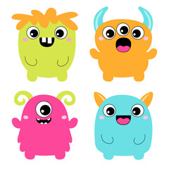 Monster set. Happy Halloween. Cute face with horns, teeth, eyes. Silhouette monsters. Cartoon kawaii funny boo character. Childish baby collection. T-shirt design. White background. Flat design.