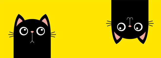 Cat set line. Two black kitten face silhouette. Hanging upside down. Funny Cute kawaii cartoon baby character. Happy Halloween. Notebook sticker print template. Flat design. Yellow background © worldofvector