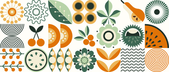 Geometric pattern of food. Mosaic style. Bauhaus. Natural banner, natural organic fruit plants. Simple forms. Ukrainian style illustration