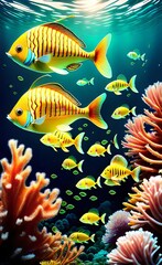 Fototapeta na wymiar Butterfly fish gracefully gliding through a coral reef, their colorful patterns catching sunlight