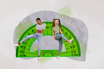 Composite collage portrait of two funky friends girls have fun dancing supplies green plastic big protractor isolated on grey background