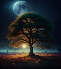 Drzewo w nocy na tle księżyca - obrazy, fototapety, plakaty