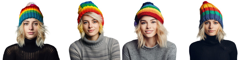 A cheerful young woman with a painted flag on her cheek wears a colorful knitted top hat and poses confidently in front of the camera