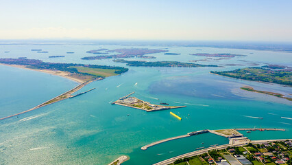 Venice, Italy. General view of the city and islands of Venice. Venetian lagoon. Clear sunny...