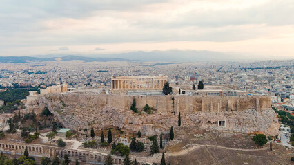 Fototapeta na wymiar Athens, Greece. Acropolis of Athens in the early morning. Cloudy weather. Summer, Aerial View