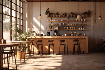 minimalistic coffee shop with nice landscape