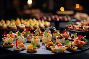 Buffet food, catering food party at restaurant, mini canapes, snacks and appetizers - obrazy, fototapety, plakaty