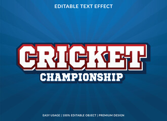 cricket champhionship text effect template design with 3d style use for business brand and logo