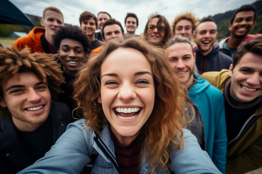 Multicultural group of young people smiling together at camera - Happy friends taking selfie pic with smartphone outdoors - Life style concept with guys and girls. Model by AI generative