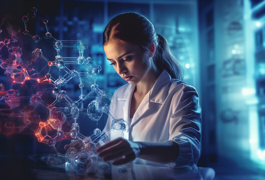 Female medical research scientist using futuristic virtual interface of a gene in a modern science laboratory. Concept of using futuristic technologies.
