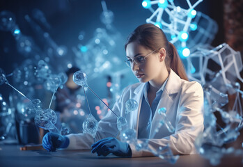 Female medical research scientist using futuristic virtual interface of a gene in a modern science laboratory. Concept of using futuristic technologies. - obrazy, fototapety, plakaty