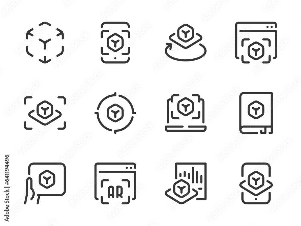 Poster augmented reality vector line icons. object projection and interactive simulation outline icon set. 