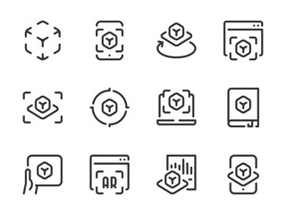 Augmented Reality vector line icons. Object projection and Interactive simulation outline icon set. Online Projection, 3D, Guidebook, Volumetric View, Website, Scan and more.