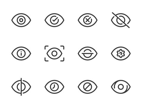 Eye Scan and Retina vector line icons. View and Eye Recognition outline icon set. Scanning, Hide, Blocked, Show, Settings, Information and more.
