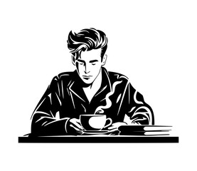 Vector illustration of a cartoon man reading a book with a cup of coffee.
