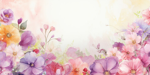 Fototapeta na wymiar flowers banner mockup, may, colorful watercolor mother's day banner background with space for text 