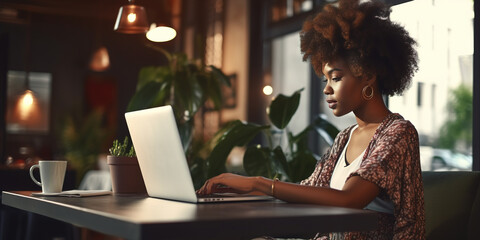 Side view of beautiful curly haired african american woman working on laptop at cafe.