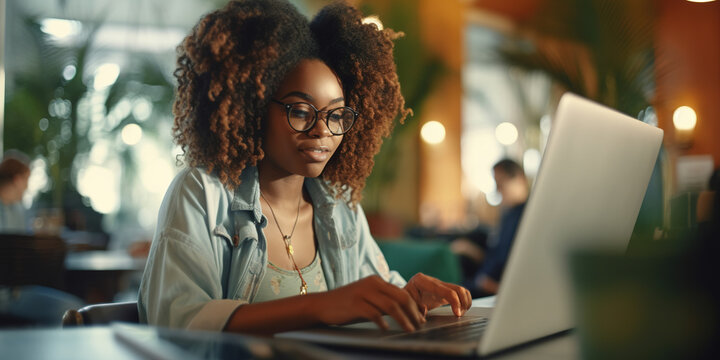 Beautiful Black Woman With Curly Hair Working On Laptop At Cafe.