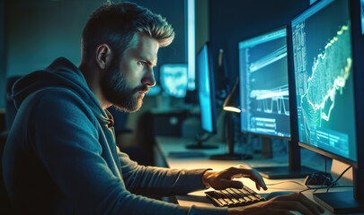 Male tester coding on desktop computer with two monitors in IT office during late hours.