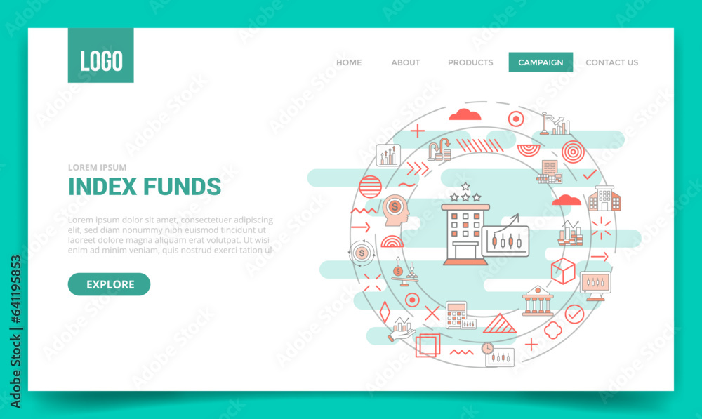 Poster index funds concept with circle icon for website template or landing page homepage