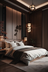 China style bedroom interior with modern bed in luxury house.