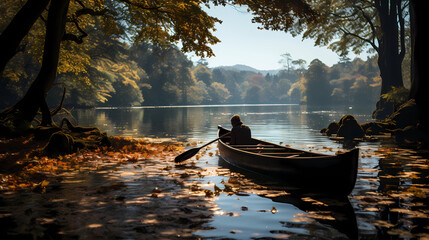 a wooden boat on a calm lake
