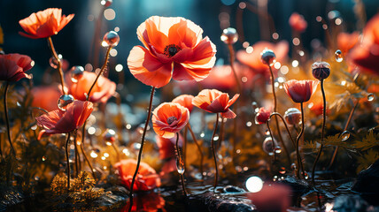 Red poppies with large soap bubbles, illuminated by the rays of the sun, grow on the lawn. Generative AI technology.