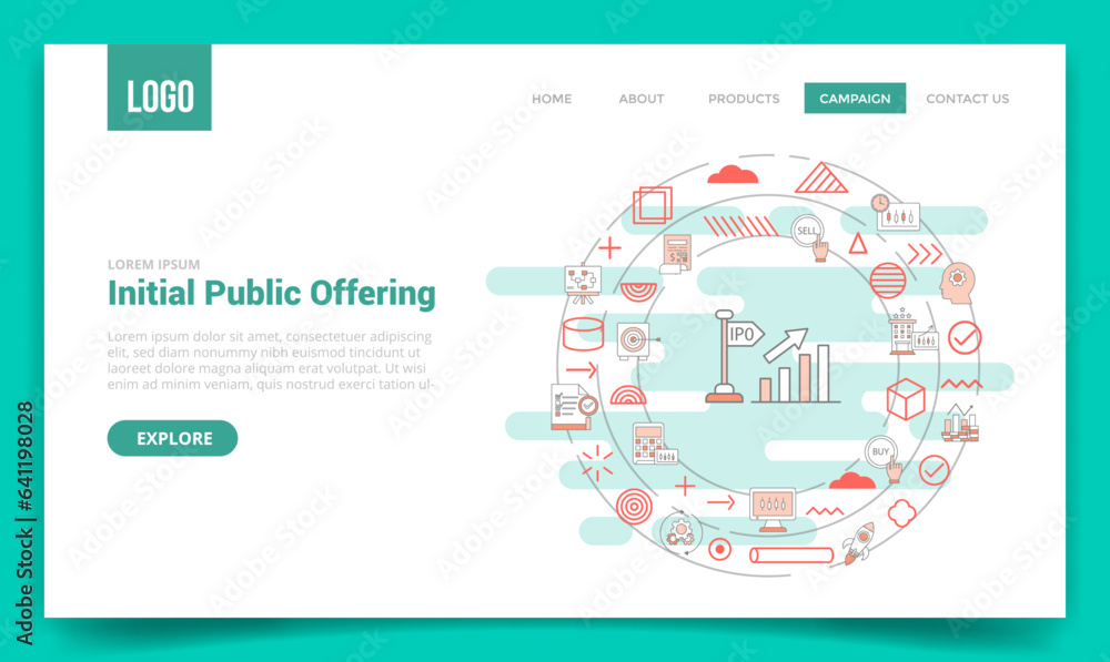 Poster ipo initial public offering concept with circle icon for website template or landing page homepage