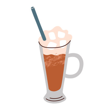 Marshmallow cold brew icon, vector doodle illustration of trendy coffee with toasted marshmallows, hot chocolate for cozy autumn mood, glass of sweet drink with straw, isolated colored clipart