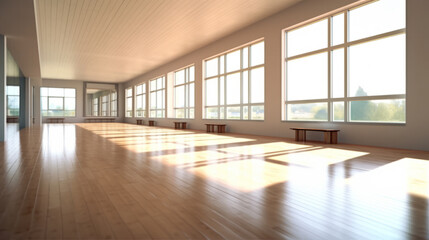 Obraz premium Empty Large and Clear Room with wooden floor and many Large Windows with distant Countryside view - AI generated