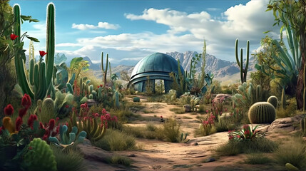 Unknown small temple with blue walls and large cupola inside lots of exotic flowers and plants like cactus with mountains and blue sky with few clouds - AI Generated