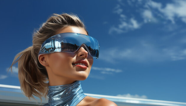 Beautiful Virtual Woman bust with wild Blond Hair and large mirror Sunglasses with Silver clothes looking Far away in front a blurry blue sky - AI generated