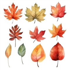 Fototapeta premium Autumn leaves watercolor set. Created with Generative AI technology 
